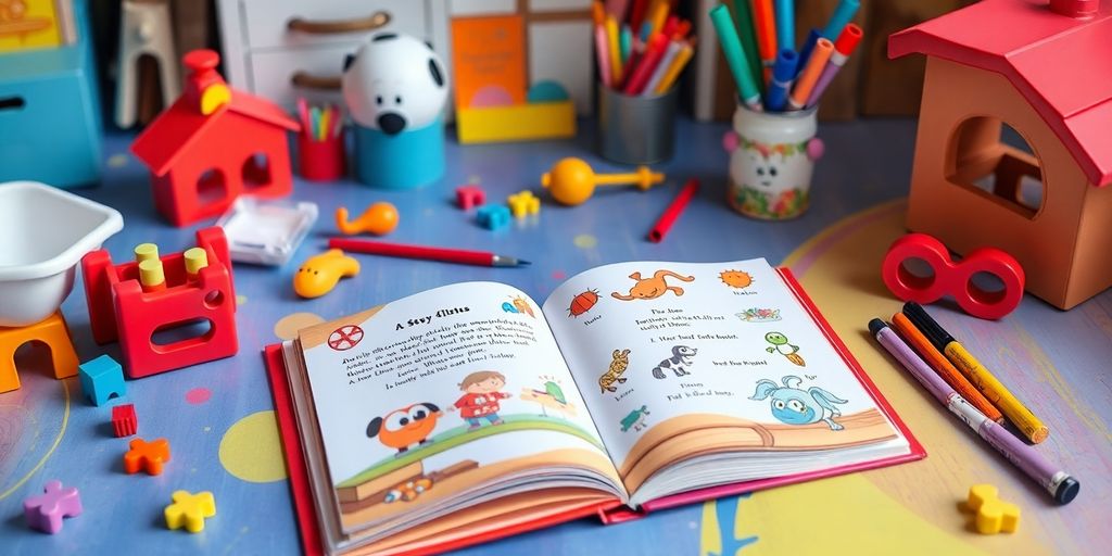 Colorful storybook with toys and art supplies on a table.