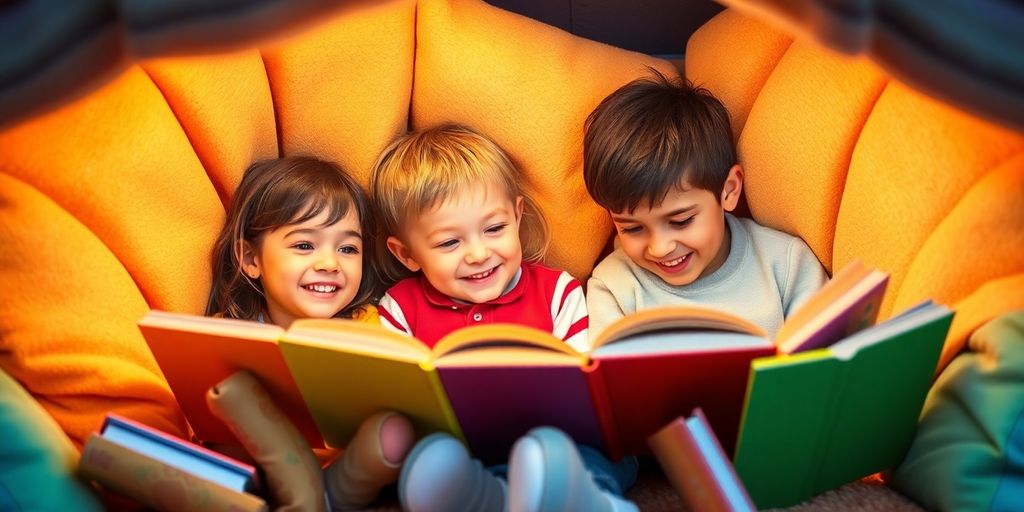 Children reading colorful books in a cozy nook.