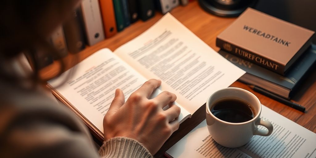 Person reviewing notes in a cozy workspace with coffee.