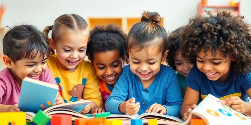 Children playing with toys and books in a bright setting.