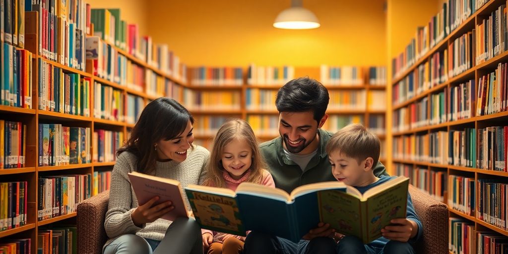 Parents and children engaged in reading together in a library.